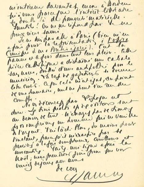 JAMMES Francis (1868-1938).
3 L.A.S. « F. Jammes », Hasparren novembre-décembre 1923 ; 5 pages in-4.

Bel ensemble sur sa candidature à l’Académie au fauteuil de Pierre Loti.
[C’est le peintre Albert Besnard qui sera élu le 27 novembre 1924 au fauteuil de Loti].
13 novembre, à Joseph BÉDIER, annonçant sa candidature : « La grande admiration que j’ai vouée depuis ma jeunesse à Pierre Loti me fait souhaiter d’en prononcer l’éloge ». 5 décembre, à Marcel PRÉVOST : il vient d’apprendre la mort de Maurice BARRÈS « qui m’affectionnait et me soutenait. Peu importe la grande aide qui me fait défaut. Je conserve à Barrès, dans la mort, toute ma gratitude. Je doute donc à présent que le souhait que vous formez se réalise : d’occuper le fauteuil de Loti. Mieux qu’un autre je saurai rentrer dans l’ombre que je n’ai jamais beaucoup quittée »… 15 décembre, à un ami, à propos de BARRÈS : « Je n’étais pas tellement de sa race, mais il me voulait à l’Académie, il l’avait déclaré, il m’avait décidé à me présenter » ; il ne croit donc plus vraiment à son élection… Il annonce la prochaine parution de Cloches pour deux mariages et du Mariage basque… Il évoque la cabale contre La Brebis égarée à l’Opéra-comique (musique de Darius Milhaud), « la panne et le four dans tout leur plein »…
On joint une L.A.S., Hasparren 4 mars 1937, à Francis VIÉLÉ-GRIFFIN (1 p. et demie in4) : « Je sais ce que vaut l’aune de l’Académie Française puisque ni vous ni Claudel ni moi n’en faisons partie. J’estime qu’une Académie à côté présenterait vite les mêmes défauts & inconvénients qui déconsidèrent l’antique Patronne : coteries, disparité dans les goûts, différences d’opinions politiques, religieuses, morales, inimitiés personnelles etc. !.. influençant les votes et attributions de prix etc... J’ai bien réfléchi et je maintiens mon abstention »...
L’Académie française au fil des lettres, p. 288-291.