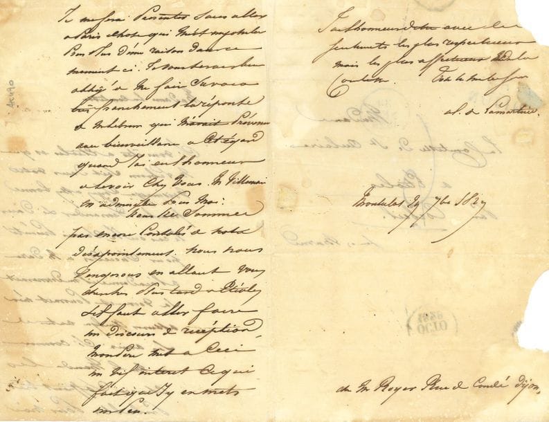 LAMARTINE Alphonse de (1790-1869) [AF 1829, 7e f].
2 L.A.S. « Al. de Lamartine » et « Lamartine », 1829 ; 2 pages et demie et 1 page in-8, adresse à la 1ère (et petites déchir. par bris de cachet ; petit manque à un coin sans perte de texte à la 2e).

Sur sa candidature à l’Académie française [il sera élu le 5 novembre].
Monculot 29 septembre 1829, à la comtesse de SAINT-AULAIRE à Étioles « Si vous êtes à Étioles et que M. LEBRUN soit dans votre voisinage soyez assez bonne pour lui demander si dans le cas où je serais présenté pour succéder à M. DARU à l’académie il me donnerait sa voix et pourrait m’en assurer quelques autres de ses amis. Si comme on me le mande les chances s’offrent très probables pour moi je me ferai présenter sans aller à Paris chose qui m’est impossible pour plus d’une raison dans ce moment ci. Je vous serais bien obligé de me faire savoir très franchement la réponse de M. Lebrun qui m’avait prévenu avec bienveillance a cet égard quand j’ai eu l’honneur de le voir chez vous. M. VILLEMAIN est admirable pour moi [...] Mon père met à ceci un vif interet ce qui fait que j’y en mets un peu »... – À un vicomte : il compte sur la voix et l’influence de son père. « De tous côtés on m’offre des voix. J’ai pu en compter 16 ou 17 et si le duc de Bassano se retire 19 ou 21. Mais j’ai peur de M. de SÉGUR, donnez moi un coup de main. Je ne veux absolument pas aller à Paris avant le jour de l’élection. J’ai écrit mes raisons à tous mes amis de l’académie. […] je ne veux pas faire 200 lieues pour un second soufflet. Je rougirais pour moi et devant mes amis »...
On joint une L.A.S., Macon 17 décembre 1849 (2 p. in-8 à son chiffre couronné). Il est « dans une crise d’impossibilité », et doit signer bientôt un traité « qui me permettra seul de sortir de l’impasse financière où je suis. [...] Ne croyez pas que j’abandonne la république ni l’avenir, ni moi même. Mais je ne lui suis en ce moment d’aucune utilité et je suis hors d’état. L’impuissance a