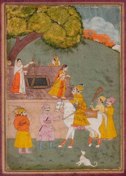 Femmes au puits donnant à boire au voyageur, Inde, Rajasthan, XIXe siècle
Gouache sur page d’album cartonnée remontée dans plusieurs encadrements et marges roses. 
Dimensions à vue : 23 x 17 cm 
État : usures, taches.

Women at the well with a traveller, India, Rajasthan, 19th century 