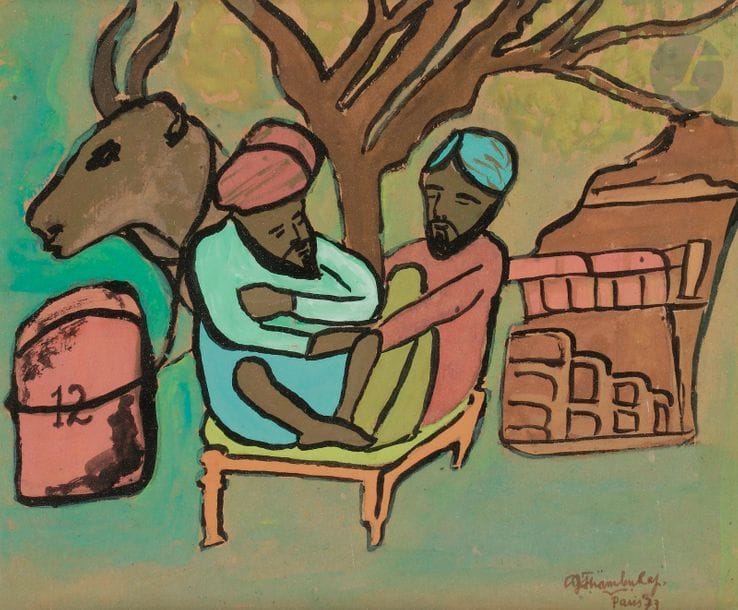 Révérend Père A J. ThambuRaj SJ 
(né en 1939)
Deux hommes sous un arbre, 1973 
Gouache sur papier.
Signée, située à Paris et datée en bas à droite.
Dim. à vue : 25 x 30 cm 
Au dos, étiquette indiquant une exposition à Paris, 2-9 juin 1973, Salle du silence, 75013 Paris. 
 Le révérend Père est né à Tiruchi (Inde) et a fait ses études en Europe. Religieux de l’ordre de la Compagnie de Jésus, il est aussi artiste et utilise l’imagerie de l’hindouisme et du bouddhisme pour exprimer ses idées chrétiennes dans son art. 