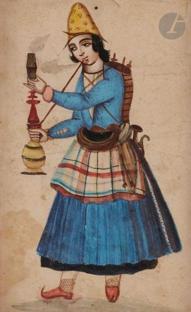 Fumeur de huqqah et jeune femme aux castagnettes, Iran qâjâr, fin XIXe siècle 
Deux petites gouaches sur papier. Présentant un homme debout fumant un narghilé et une jeune femme assise appuyée contre un coussin, les mains tenant des castagnettes.
16,5 x 11,5 cm et 20 x 13 cm 

A hookah smoker and a lady with castanets, Iran Qajar, late 19th century