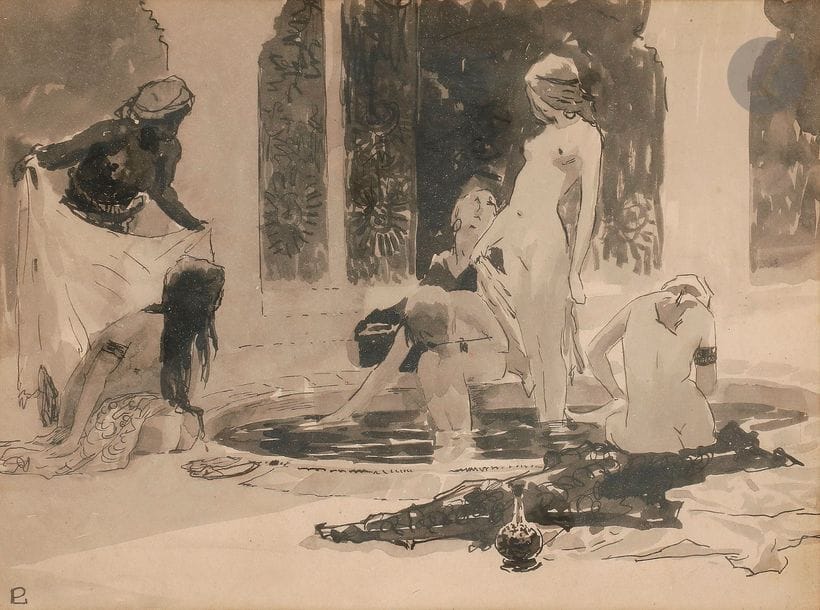 Paul LEROY (1860-1942)
Baigneuses orientales
Encre et lavis d’encre.
Monogrammé en bas à gauche.
15 x 20 cm