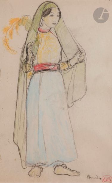André SUREDA (1872-1930)
Femme orientale au voile vert
Crayons.
Signé en bas à droite.
30 x 19 cm

Provenance : 
Vente de l’atelier (timbre rouge).