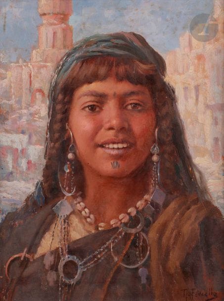 Forcella Nicola (actif vers 1868)
Portrait de femme berbère
Huile sur carton.
Signée en bas à droite.
35 x 27 cm