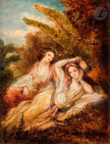 École ORIENTALISTE XIXe siècle
Deux femmes orientales
Huile sur toile.
Trace de signature en bas à droite.
(Restaurations).
24 x 19 cm
