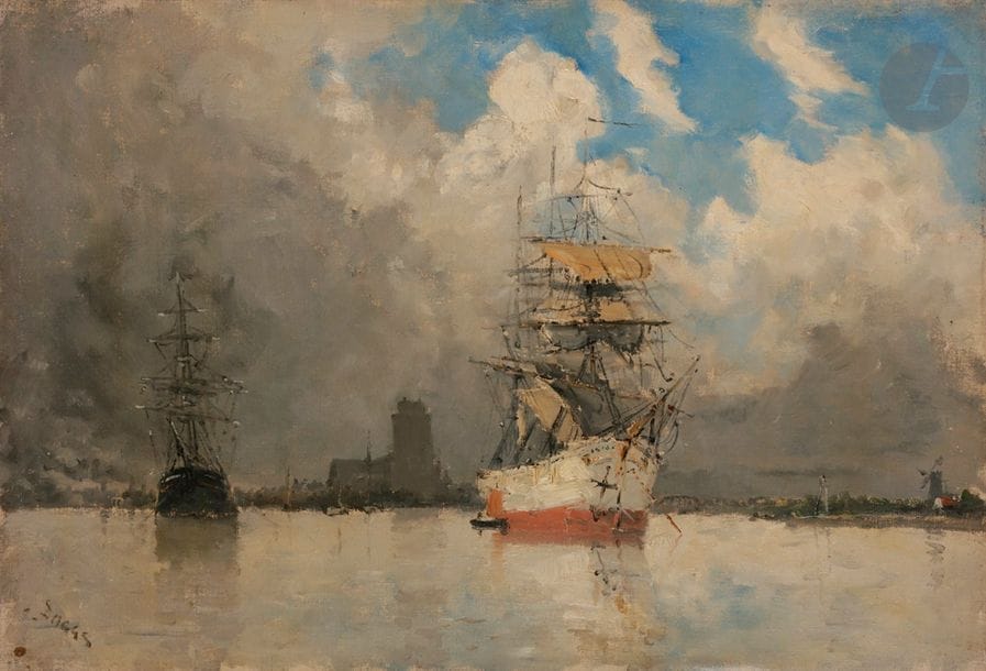 Frank-Myers BOGGS (1855-1926)
Hollande, la Meuse vue de Dordrecht
Huile sur toile.
Signée en bas à gauche.
Signée et titrée au dos à l’encre sur le châssis.
38 x 55 cm