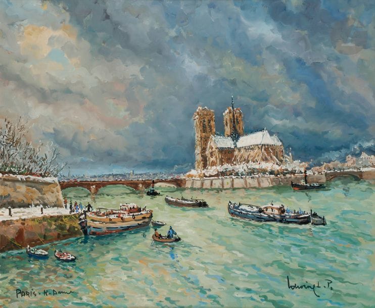 Robert L. P. LAVOINE (1916-1999)
Neige à Paris, Notre-Dame
Huile sur toile.
Signée en bas à droite.
Située en bas à gauche.
Titrée au dos.
54 x 65 cm