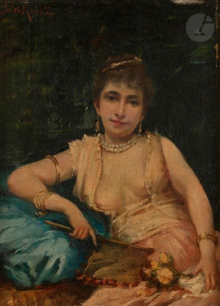 Jules-Félix RAGOT (1835-1912)
Courtisane au coussin bleu
Huile sur panneau
Signée en haut à gauche.
32 x 24 cm
