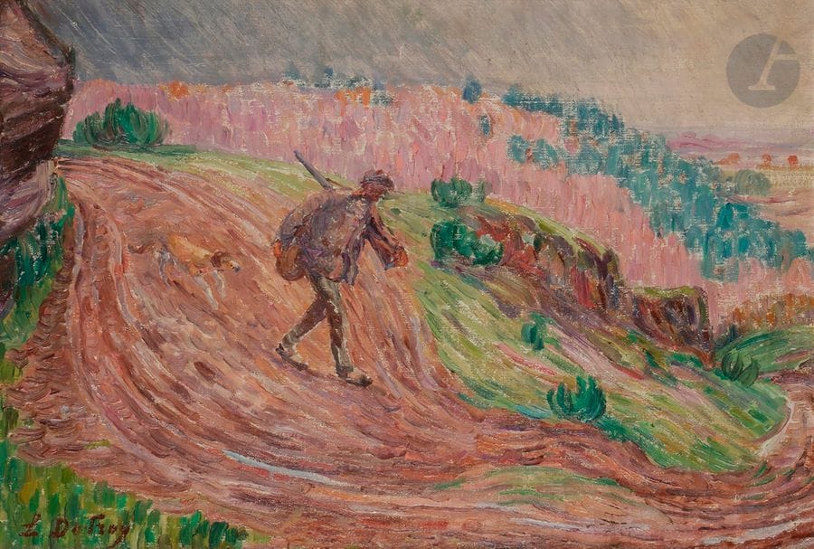 Léon DETROY (1859-1955)
Le Chasseur
Huile sur toile.
Signée en bas à gauche.
Porte le timbre de l’atelier au dos.
38 x 55 cm

Nous remercions Monsieur Christophe Rameix d’avoir confirmé l’authenticité de cette œuvre et pour les informations qu’il nous a transmises.