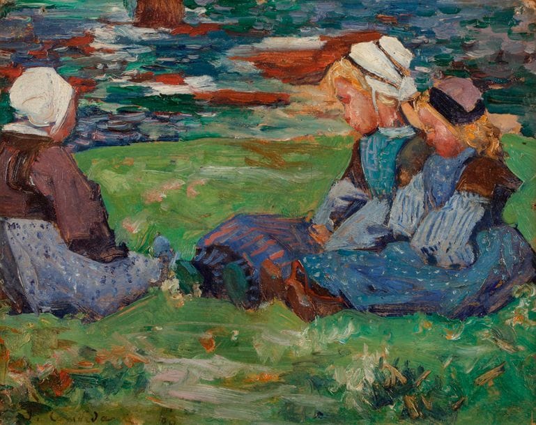 Jean-Julien LEMORDANT (1880-1968)
Bretonne en bord de mer, 1903
Huile sur panneau parqueté.
Signée et datée en bas à gauche.
33 x 41 cm