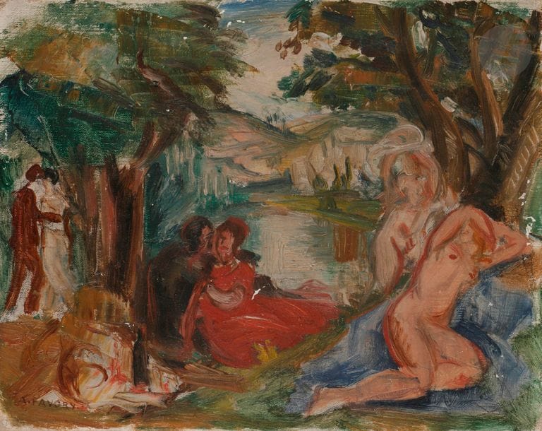 André FAVORY (1888-1937)
Le Déjeuner sur l’herbe
Huile sur toile.
Signée en bas à gauche.
(Petits manques).
19 x 24 cm