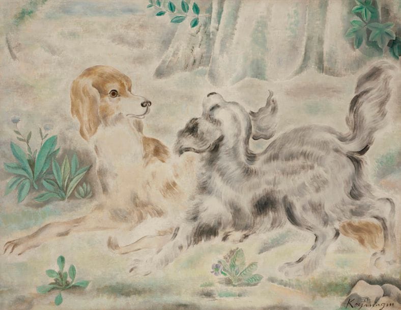 Sei KOYANAGUI [japonais] (1896-1948)
Deux chiens jouant
Huile sur toile.
Signée en bas à droite.
73 x 92 cm