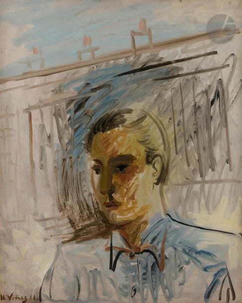 *Hernando VINES-SOTO 1904-1993
Jeune homme au balcon, 1931
Huile sur toile.
Signée et datée en bas à gauche.
81 x 65 cm