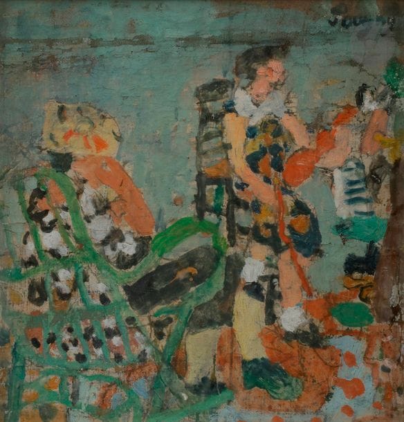 Jean Puni dit POUGNY (1892-1956)
Musique dans l’atelier, 1943
Huile sur toile contrecollée sur panneau.
Signée en haut à droite.
(Petits manques en partie haute).
18 x 18 cm

Provenance :
Ancienne collection Louis Carré, Paris.

Exposition :
Pougny, Œuvres récentes, Galerie Louis Carré, Paris, 1943.

Bibliographie :
Herman Berninger, Jean-Albert Cartier, Jean Pougny 1892-1956, Catalogue de l’œuvre, Tome 2 : Paris - Côte d’Azur, 1924-1956, Peintures, Tübingen, Éditions Ernst Wasmuth, 1992, référencé sous le numéro 665, numéro d’Archives : 791-370A, reproduit p. 175.