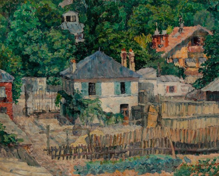 Lucie COUSTURIER (1870-1925)
Jardin rue Lafontaine, 1900
Huile sur carton.
Signée en bas à droite.
Titrée au dos.
38 x 46 cm