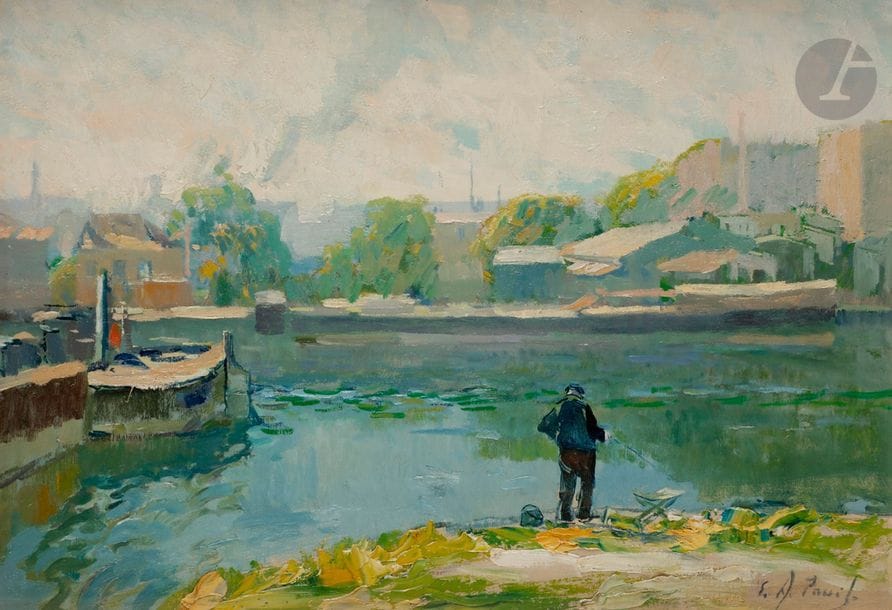 Élie-Anatole PAVIL (1873-1944)
Pêcheur près de Lagny-sur-Marne
Huile sur toile.
Signée en bas à droite.
(Petite restauration).
38 x 55 cm