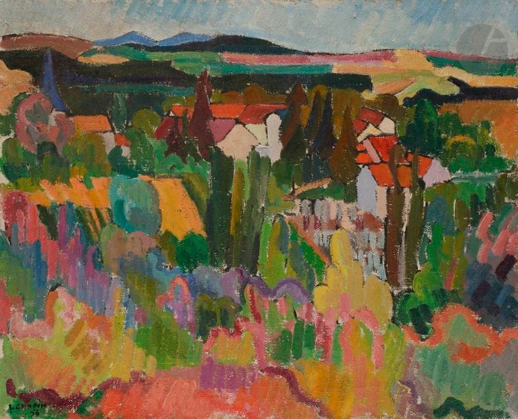 Juliette CHOPIN (née en 1931)
Paysage à Creuzier, 1956
Huile sur toile.
Signée et datée en bas à gauche.
Signée et située au dos.
60 x 73 cm