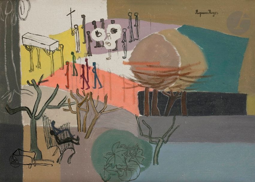 Suzanne ROGER (1899-1986)
L’Enterrement au village, 1958
Huile sur toile.
Signée en haut à gauche.
33 x 46 cm

Provenance : 
Galerie Louise Leiris, Paris (étiquette au dos).