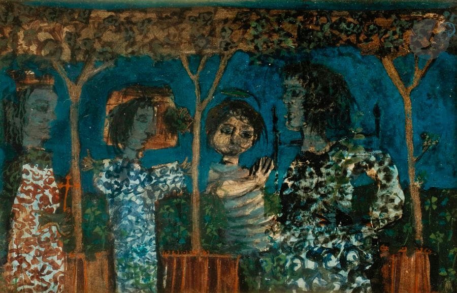 Paul AIZPIRI (1919-2016)
Scène familiale
Huile sur carton.
Signée en bas à droite.
19 x 28 cm