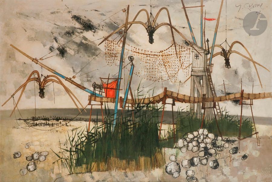 Yves GANNE (né en 1931)
Saint-Brévin, Les Pêcheries, 1957
Huile sur toile.
Signée et datée en haut à droite. 
Signée, datée et titrée au dos.
97 x 146 cm