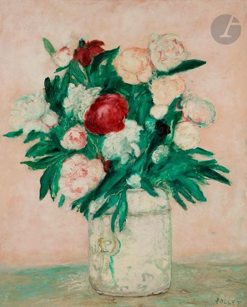 Jean POLLET (né en 1929)
Les Pivoines, vase de Nevers, vers 1960
Huile sur toile.
Signée en bas à droite.
Titrée au dos.
100 x 81 cm
