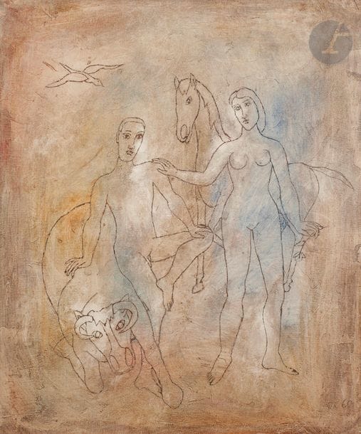 Camille CLAUS (1920-2005)
Le Sixième Jour, 1960
Huile sur toile.
Monogrammée et datée en bas à droite.
Signée et titrée au dos.
55 x 46 cm