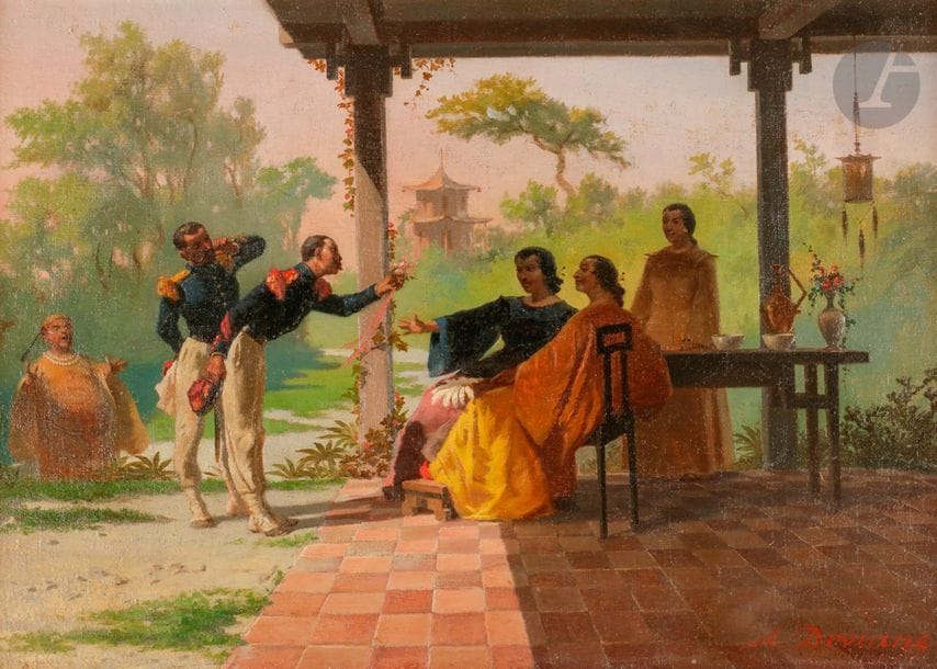 Auguste DOVIANE (1825-1887)
Indochine, Scène galante
Huile sur toile.
Signée en bas à droite.
28 x 40 cm