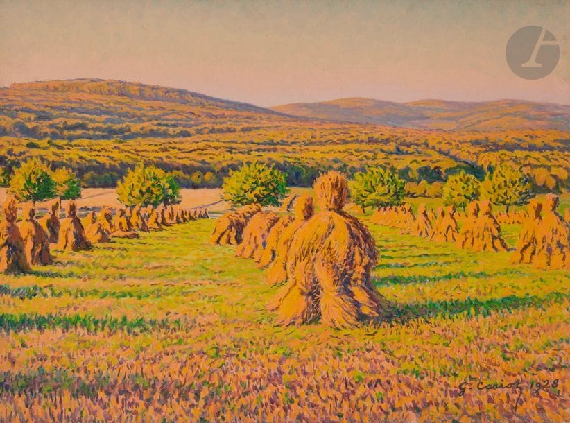 Gustave-Gaston CARIOT (1872-1950)
Meules de foin, 1928
Huile sur toile.
Signée et datée en bas à droite.
60 x 81 cm
