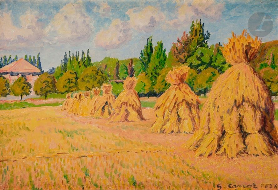 Gustave-Gaston CARIOT
(1872-1950)
Meules, 1926
Huile sur carton toilé.
Signée et datée en bas à droite.
25 x 37 cm