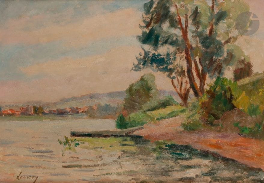 Abel LAUVRAY (1870-1950)
Le Village de Vétheuil et la Seine ou La Barque près du rivage
Huile sur papier contrecollé sur toile.
Signée en bas à gauche.
38 x 55 cm

Bibliographie : 
Yves et Lionel Jaubert, Abel Lauvray (1870-1950) - Catalogue Raisonné, Paris, 1991, Les Éditions de l’Amateur, n°157, p.75.