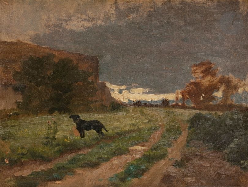 Paul SAIN (1853-1908)
Paysage au chien
Huile sur toile.
Signée en bas à droite
27 x 35 cm