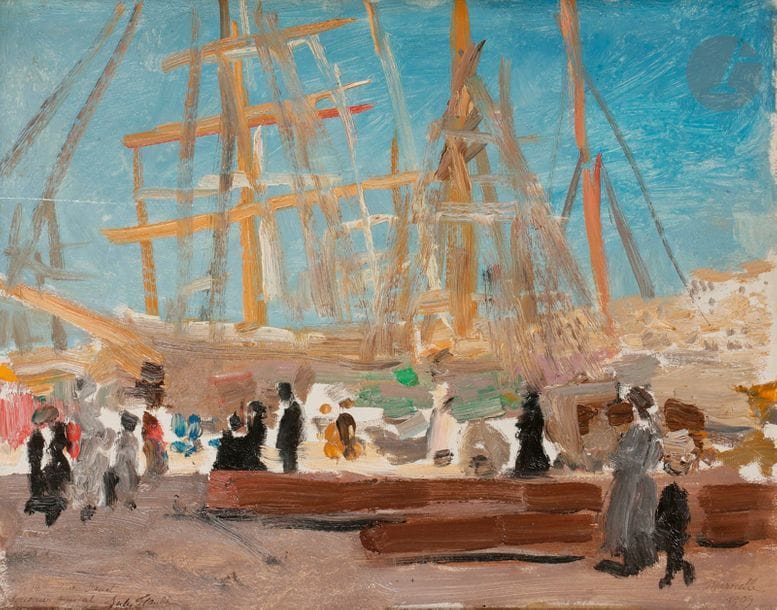 Jules FLANDRIN (1871-1947)
Marseille, le port, 1909
Huile sur panneau.
Signée et dédicacée en bas à gauche.
Datée et située en bas à droite.
27 x 35 cm
