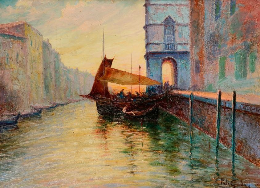 Italo GIORDANI (1882-1956)
Venise au crépuscule
Huile sur panneau.
Signée en bas à droite.
93 x 130 cm