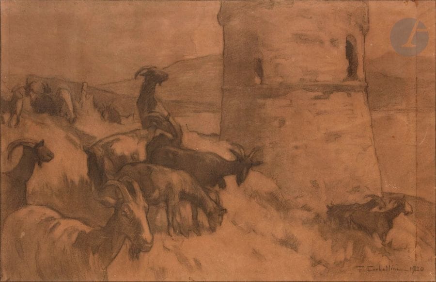 François CORBELLINI (1863-1943)
Corse, chèvres et tour génoise, 1920
Fusain.
Signé et daté en bas à droite.
40 x 62 cm