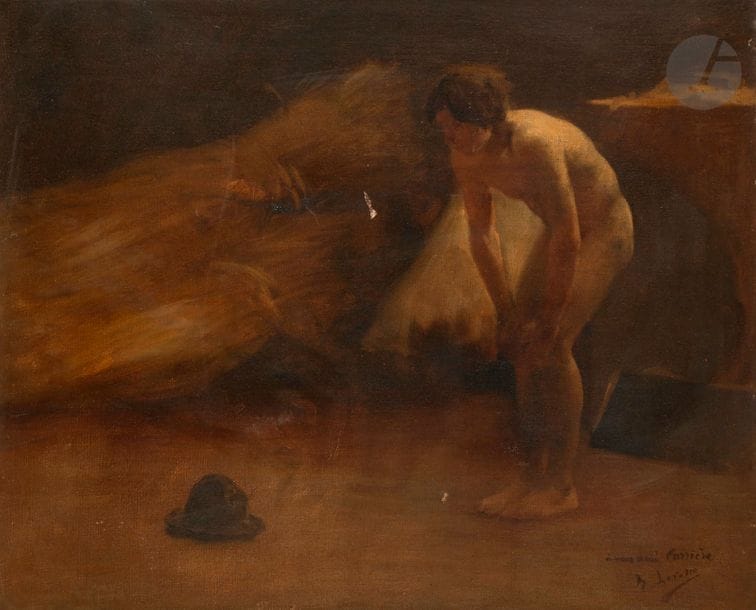 Henry LEROLLE (1848-1929)
Nu au chapeau
Huile sur toile.
Signée et dédicacée « à mon ami Carrière » en bas à droite.
(Griffures).
46 x 55 cm