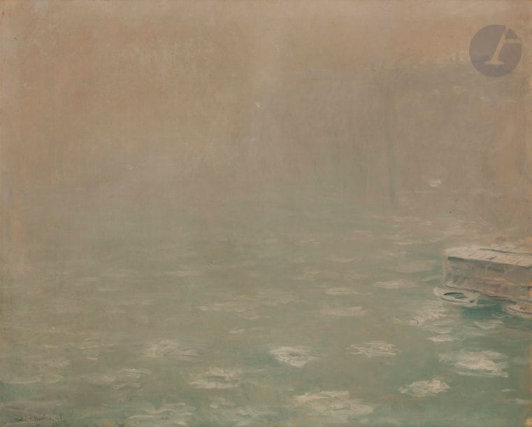 André BARBIER (1883-1970)
Brume sur la Seine, 1941
Huile sur toile.
Signée et datée en bas à gauche.
Porte le timbre de l’atelier au dos.
60 x 73 cm