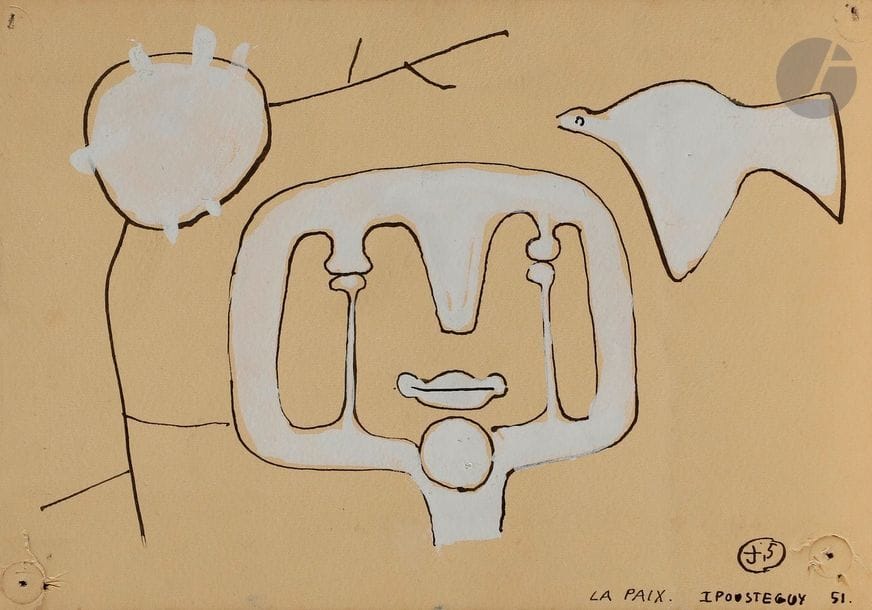 Jean IPOUSTéGUY (1920-2006)
La Paix, 1951
Gouache et encre de Chine.
Signée, datée et titrée en bas à droite.
(Trous de punaise).
13.5 x 19 cm