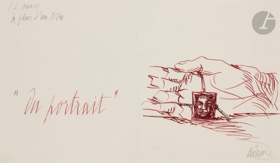 Valerio ADAMI [italien] (né en 1935)
Du portrait
Encre violette.
Signée et titrée dans la composition.
21 x 36 cm