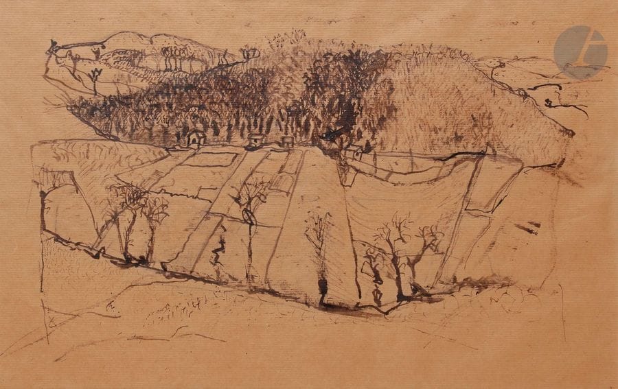 Paul REBEYROLLE (1926-2005)
Paysage, vers 1950
Encre sur papier kraft.
Signée et authentifiée au dos.
29 x 45.5 cm