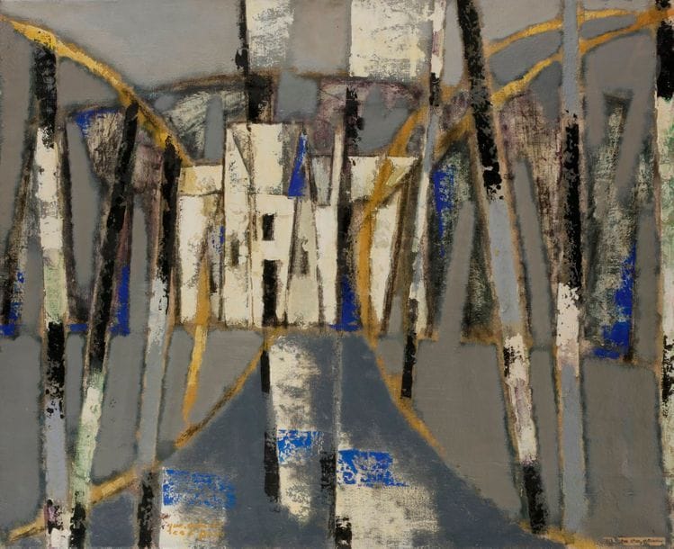 Jun DOBASHI [japonais] (1910-1975)
Rêve d’un château, 1953
Huile sur toile.
Signée en bas à gauche.
Signée et titrée au dos sur le châssis.
60 x 73 cm