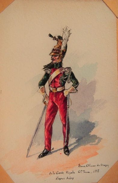BOISSELIER (H.
)The French army. 1815-1830, in-12, half-binding
 red
 cloth
.

 Collection of 22 unsigned watercolour cards, under cache.

