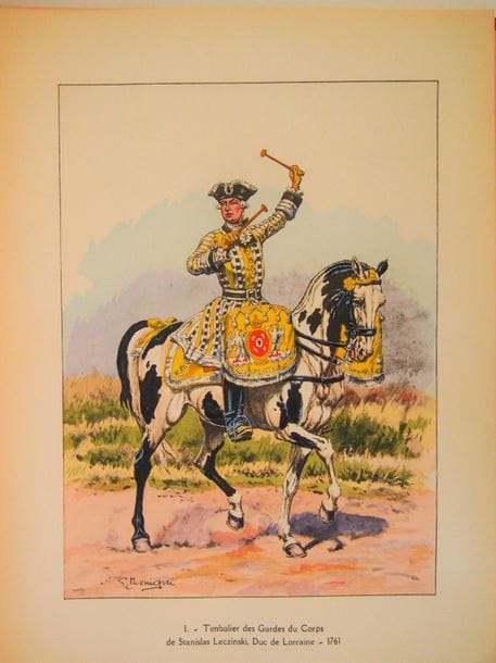 BUCQUOY (Cdt.)
Fanfares et Musiques des Troupes à cheval (1640-1940). 
Paris, Cart, 1943-1948, in-4, demi-reliure chagrin rouge, dos à nerfs, insolé (reliure mod.).
Ouvrage tiré à 500 ex. numérotés (n° 324), bien complet des 6 séries. Illustré de 52 belles planches d’uniformes en couleurs, dessinées par le Cdt. Bucquoy, Rousselot, Hilpert, Toussaint, Bénigni, Feist, Leliepvre. Envoi autographe de l’auteur.