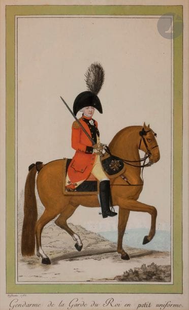 HOFFMANN (Nicolas)
Costumes militaires de France.
- Timbalier des Gendarmes de la Garde du Roi en grand uniforme à cheval. 
Planche gravée et coloriée, signée Hoffmann fecit en bas à gauche. 
Encadrée sous verre. 30 x 18 cm
- Gendarmes de la Garde du Roi en grand uniforme à cheval. 
Planche gravée et coloriée, signée en bas à gauche « Hoffmann 1785 ». 
Encadrée sous verre. 30 x 18 cm
- Gendarmes de la Garde du Roi en petit uniforme à cheval. 
Planche gravée et coloriée, signée en bas à gauche « Hoffmann 1785 ». 
Encadrée sous verre. 30 x 18 cm
