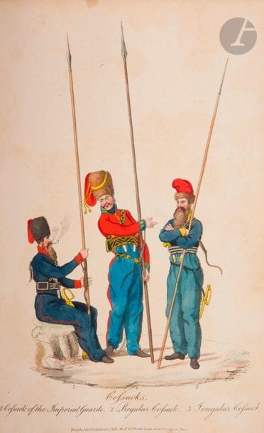GODDARD & BOOTH
MILITARY COSTUME OF EUROPE (the). Exhibited in a series of highly-finished military figures in the uniform of their several corps. London, 1812, 2 parties reliée en un vol. in-8 plein mar. rouge, large roulette dor. encadr. les plats, dos à nerfs, titre doré. (reliure usée).
Avec 90 planches h.t. (sur 97) gravées et coloriées montrant des troupes européennes à la fin de l’empire, en pleine page avec légendes. Ex-libris Baeyens. Colas, 2058.