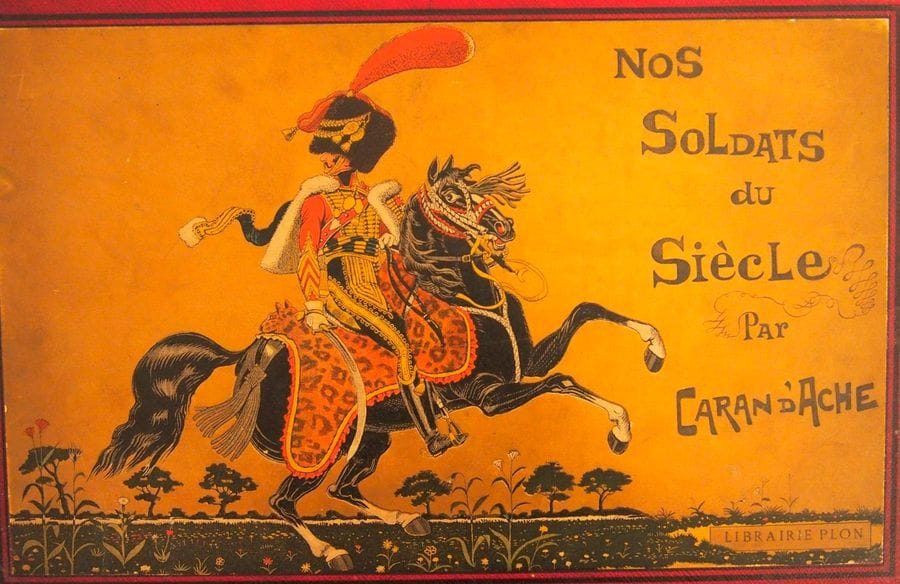 JOB. La vieille Garde Impériale. Tours, Mame, s.d. (1900), gr. in-4, cartonnage édit., fers spéciaux dor., dos insolé, tr. dor. (cartonnage édit. usagé). Avec un frontispice en couleur et 19 planches h.t. en noir et en couleurs par Job. - MARTHOLD. Histoire d’un bonnet à poil. Paris, s.d., in-4, cartonnage édit. ill. tr. dor. (cartonnage usagé). Dessins de Job. - DANRIT (Capt.). Histoire d’une famille de soldats. Jean Tapin. Les filleuls de Napoléon. Le petit marsouin. Paris, Delagrave, s.d., 3 vol. in-8, cartonnage toile rouge, fers polychrome, dos orné, tr. dor. (cartonnage édit. usagé). Illustrations dans le texte de Paul de Sémant. - BIGOT. Gloires et souvenirs militaires. Paris, Hachette, 1894, in-4, cartonnage édit. ill. Nombreuses illustrations en couleurs. - JOB-MONTORGUEIL. Les trois couleurs. Paris, Juven, s.d., in-4, cartonnage défraîchi. - LOIR (M.). Au drapeau. Récits militaires extraits des mémoires. Paris, Hachette, 1897, in-4, cartonnage édit. usagé Orné de nombreuses gravures en couleurs. - LONLAY. Les héros du siècle. Paris, Garnier, s.d., in-4 cartonnage édit. usagé - JOB-TROGAN. Les mots historiques du pays de France. Tours, Mame, 1896, in-4, cartonnage édit. ill., Quelques ff. déreliés. Illustrations en couleurs. - JOB. L’album. Paris, s.d., in-4, demi-reliure basane rouge. Tome 7. Illustrations en couleurs et en noir. - MALO. Souvenirs héroïques de l’armée française. Paris, Hachette, 1914, in-4, cartonnage édit. ill. - GUILLAUME. Mes campagnes. Paris, Empis, s.d. (1895), in-fol., demi-reliure à coins percaline rouge. Dessins humoristiques en couleurs de Guillaume sur la vie de caserne. - CARAN D’ACHE. Nos soldats du siècle. Paris, Plon, s.d., in-8, cartonnage toile édit. ill., tr. rouge (cartonnage édit. usagé, manque à la coiffe). Charmant recueil recherché pour les humoristes. Compositions militaires en couleurs de Caran d’Ache. 
Ens. de 14 vol.