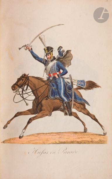 SAUERWEID
L’armée saxonne en 1810. S.l., s.d., in-4, demi-reliure maroquin vert, dos à nerfs, tête dor. (Lemardeley). 
Avec 30 planches gravées en aquatinte et rehaussées de couleurs montées sur onglets. Rarissime copie gravée en 1828 d’après l’exemplaire original publié en 1810 chez Heinrich Rittner conservé au Kupferstichtkabinet de Dresde. Il n’est presque jamais rencontré d’exemplaire original complet. Non cité dans Lipperheide, Colas, Glasser, mais a été mentionné dans un article de Ch. de Partz dans « La Figurine » du premier trimestre 1973. 
On y joint une note typographiée et une lettre manuscrite du baron Baeyens donnant des explications sur le présent exemplaire tirées de l’article de Partz. Quelques rousseurs éparses. Provenance : Prince de la Moscowa et baron Baeyens, avec vignette ex-libris gravé par Lucien Rousselot. 