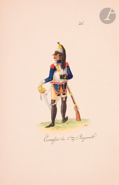 ZIMMERMAN
Costumes des troupes françaises et de celles de l’alliance du Rhin qui ont été à Berlin, depuis le 24 octobre 1806. S.l., s.d., in-8, en ff. sous cartonnage usagé (dos décol. et usagé, grignoté par un canidé affamé). Avec 50 planches en couleurs. Suite très rare.