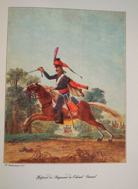 BRUNON (Jean et Raoul)
Hussards. Marseille, 1966, petit in-fol., pleine toile rouge, titre et coins rapportés en basane noire. 
Suite de 6 planches en couleurs tirées sur beau papier mat, format 28 x 38, reproduisant les gouaches du général baron Jean-François Thérèse Barbier, peintes en 1789.
