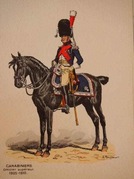 ROUSSELOT (Lucien)
Soldats d’autrefois. Carabiniers (Grenadiers de la cavalerie). 1805-1810. Avec 6 pl. couleurs. - Hussards (1805-1814). Avec 6 pl. couleurs. - Gardes d’honneur (1813-1814). Avec 6 planches couleurs. S.l., s.d., in-8, pleine toile rouge abîmée par les crocs d’un chien ainsi que les premières pages.