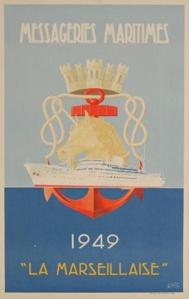 F. SOULI
Messageries Maritimes - «La Marseillaise», 1949. Imp. Snep, Bobigny. Entoilée. B.E. (déchirures). 63 x 40 cm.